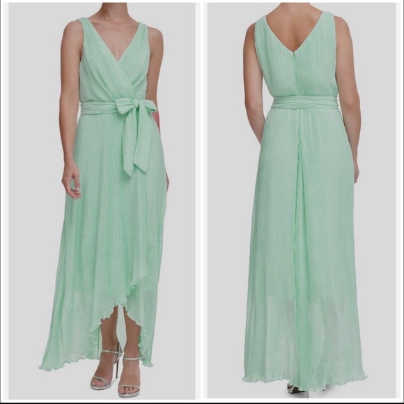 DKNY Mint Green Pleated Wrap High Low Chiffon Belted Dress Women Size 14 Party - Picture 2 of 13
